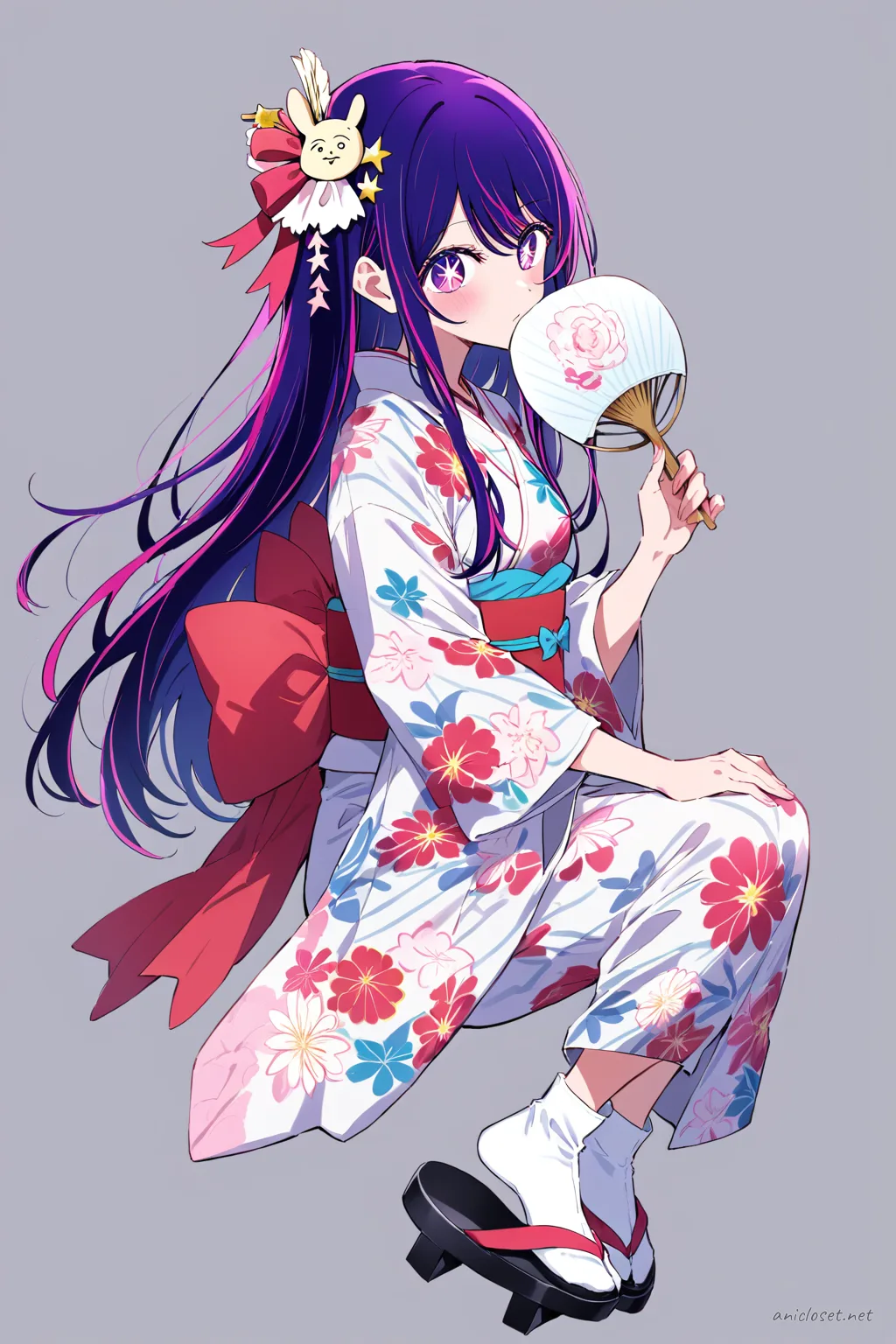 Full body illustration of Ai Hoshino standing in a bright floral yukata with simple obi, holding a single uchiwa fan and wearing a festival hairpin