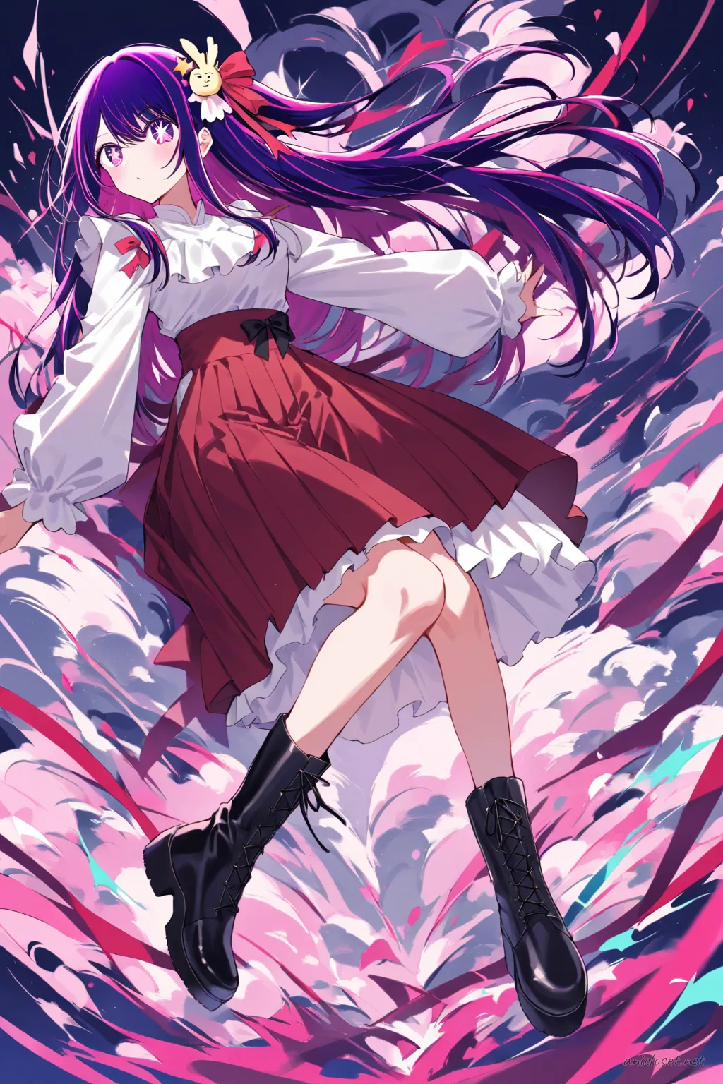 Full body illustration of Ai Hoshino wearing a white blouse, straight pleated hakama skirt, thin ribbon belt, and black low ankle boots, standing