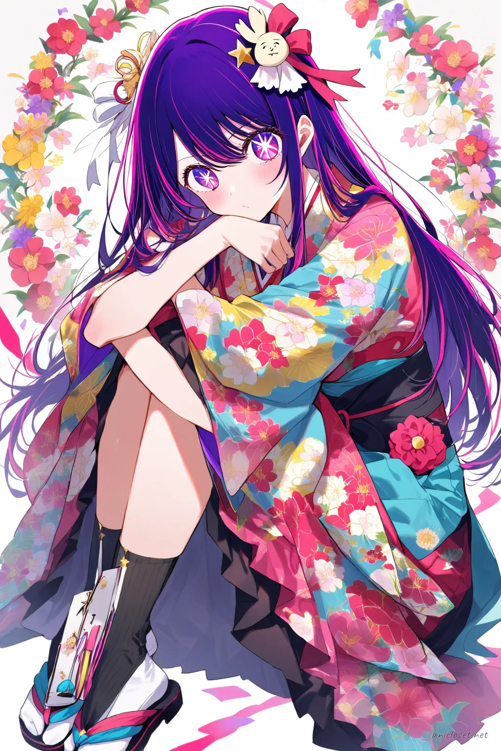 Illustration of Ai Hoshino wearing a simple graduation hakama set with a solid color kimono and minimal floral corsage