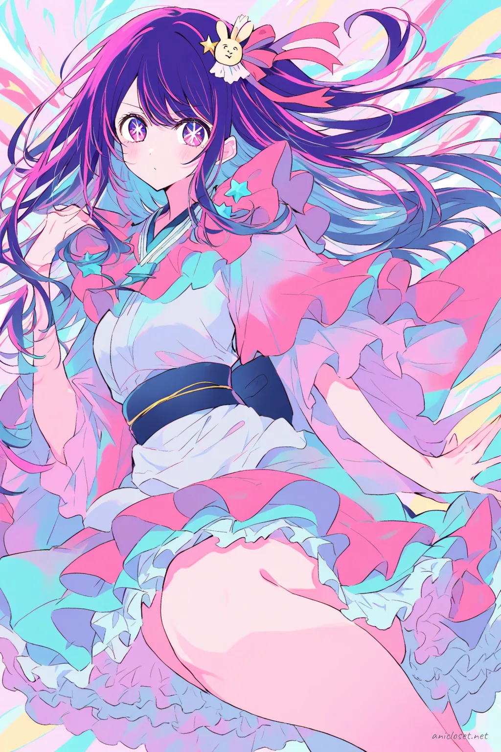 Illustration of Ai Hoshino wearing a modern wa-Lolita kimono with clean sleeves and an A-line skirt