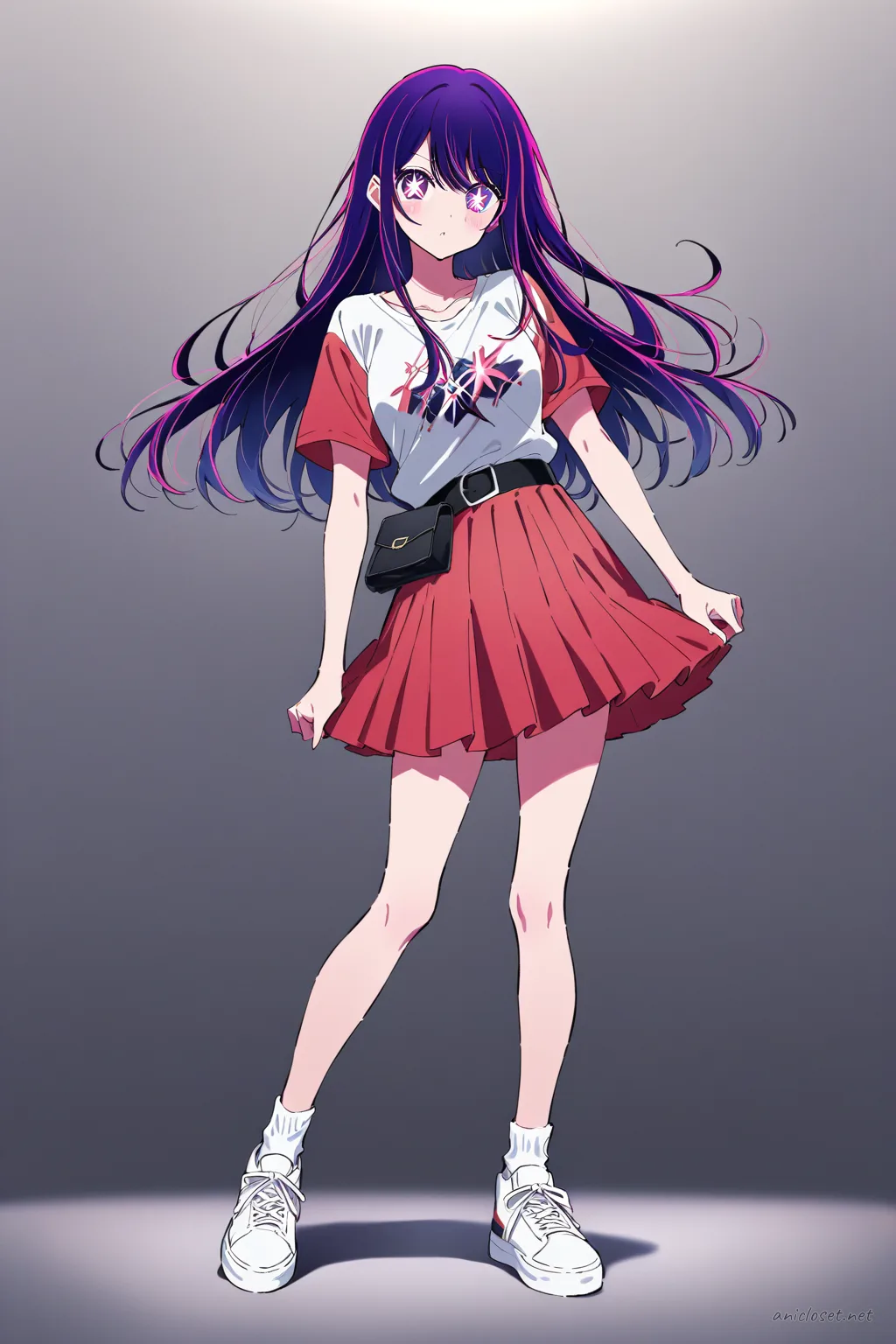 Illustration of Ai Hoshino wearing a simple kimono jacket over a plain tee and straight skirt with a slim obi belt and clean sneakers