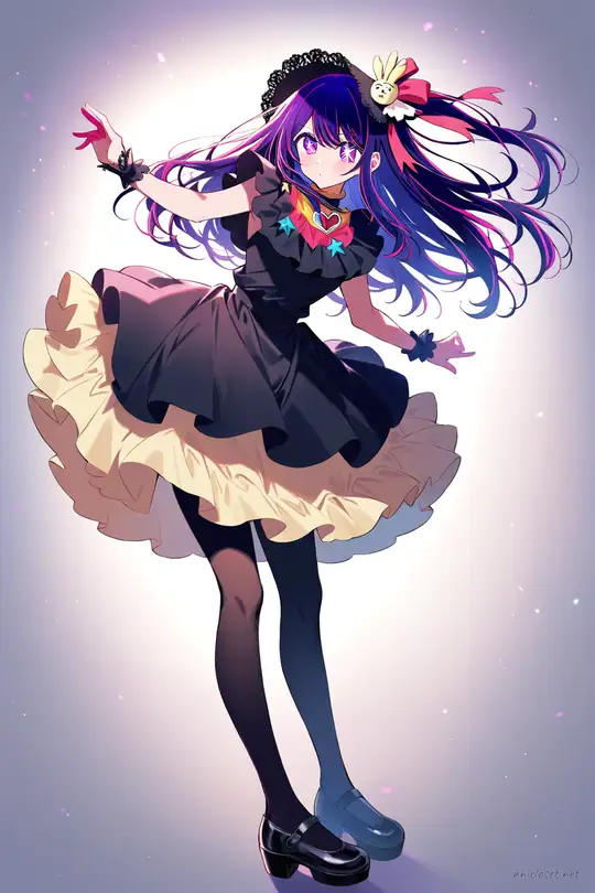 Full-body illustration of Ai Hoshino wearing a gothic black bell-shaped Lolita dress with lace collar, black lace bonnet, opaque black tights, and black platform Mary Janes against a clean studio backdrop