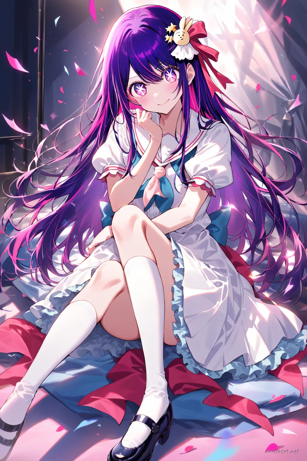 Illustration of Ai Hoshino wearing a navy sailor Lolita dress with a sailor collar, striped bow, pleated bell skirt, white knee socks, and Mary Jane shoes under soft studio lighting