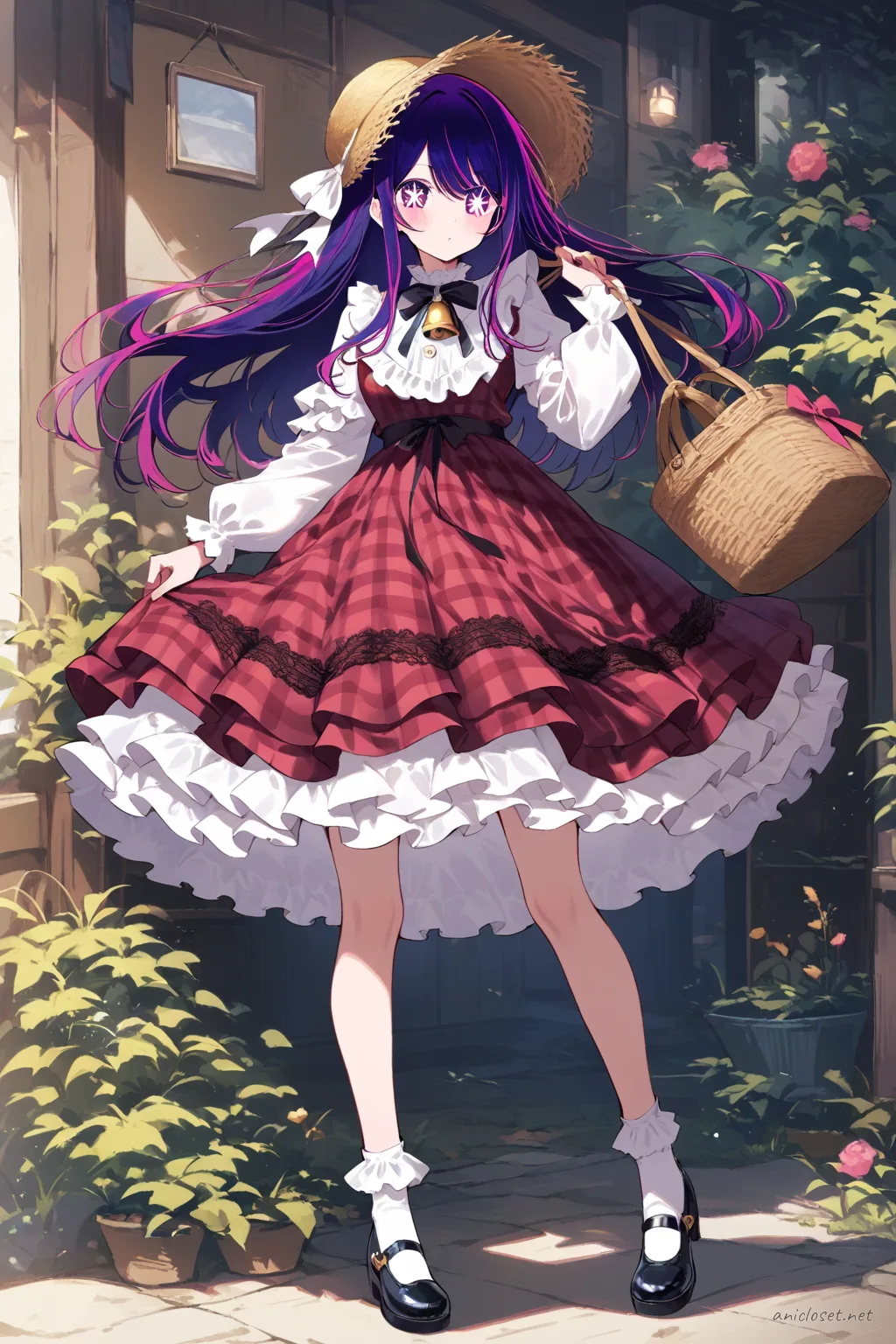Full-body illustration of Ai Hoshino in a country Lolita gingham dress with lace apron, straw bonnet, basket bag, and mary janes on a clean studio backdrop