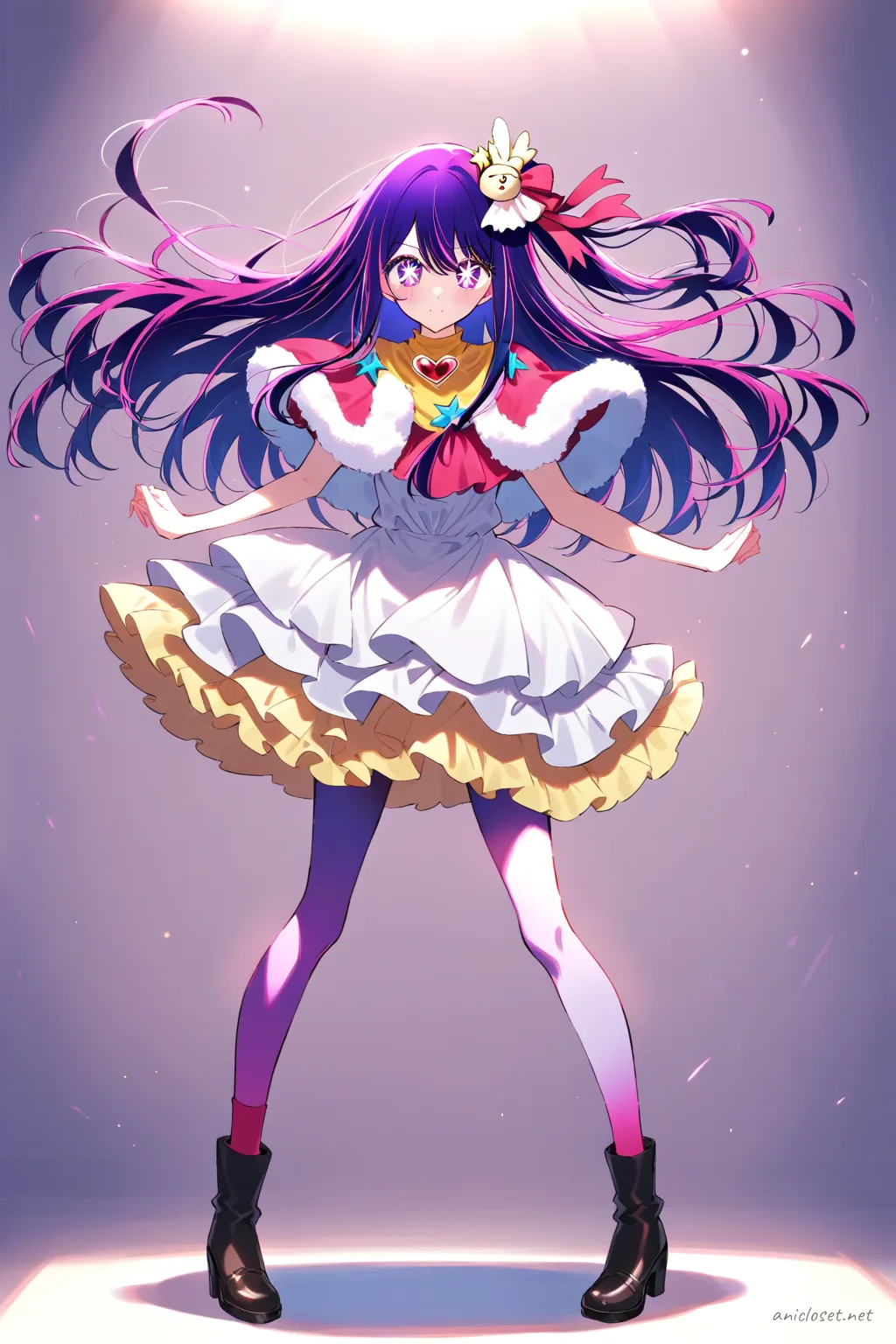 Full-body illustration of Ai Hoshino wearing a winter Lolita coat dress with faux-fur capelet, velvet bow, warm tights, and ankle boots against a clean studio backdrop