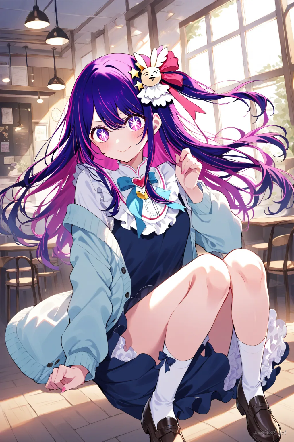 Full-body three-quarter view of Ai Hoshino wearing a cream cardigan over a navy blue jumper skirt with a small navy bow, white knee socks, and black loafers in a pastel cafe interior
