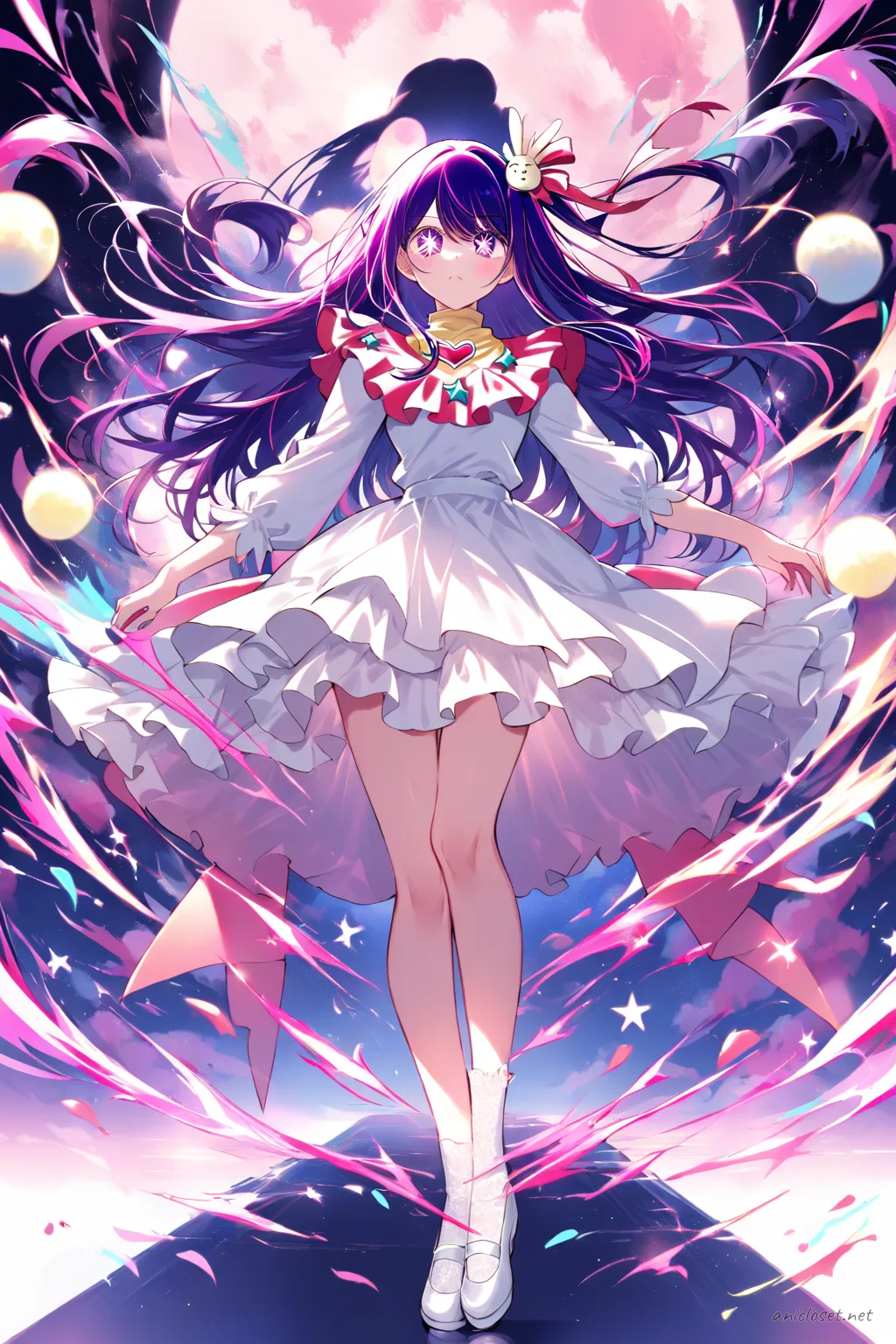 Full-body illustration of Ai Hoshino in a navy Lolita dress with star embroidery, layered tulle skirt, white blouse, moon brooch, and silver shoes on a clean studio backdrop