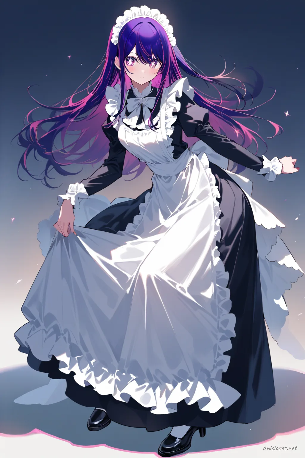 Full body illustration of Ai Hoshino wearing a black-and-white Victorian maid dress with long skirt, plain apron, and simple maid headdress, standing with shoes visible