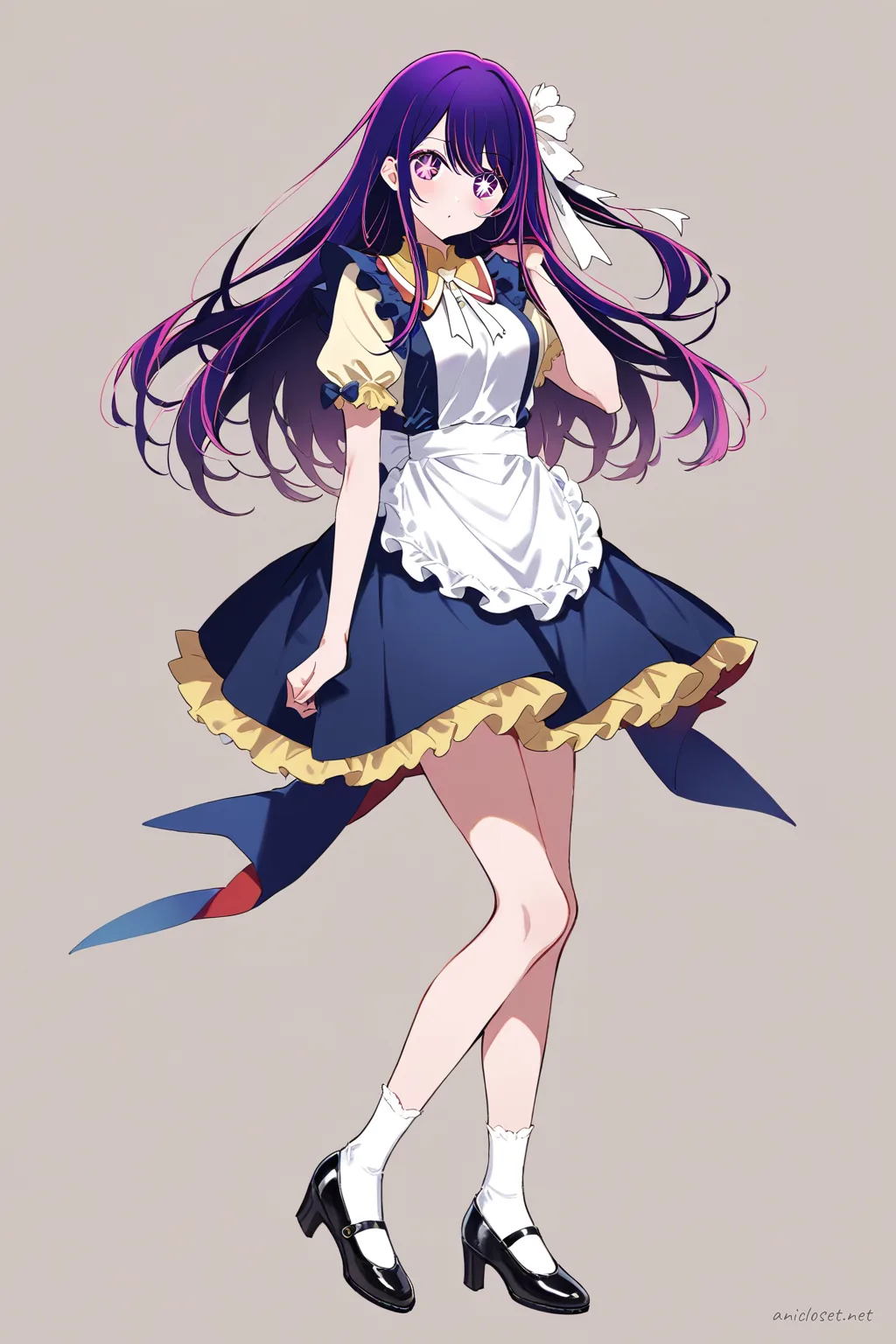 Full body front view of Ai Hoshino wearing a knee-length cafe maid dress with puff sleeves, plain apron, and mary janes shoes