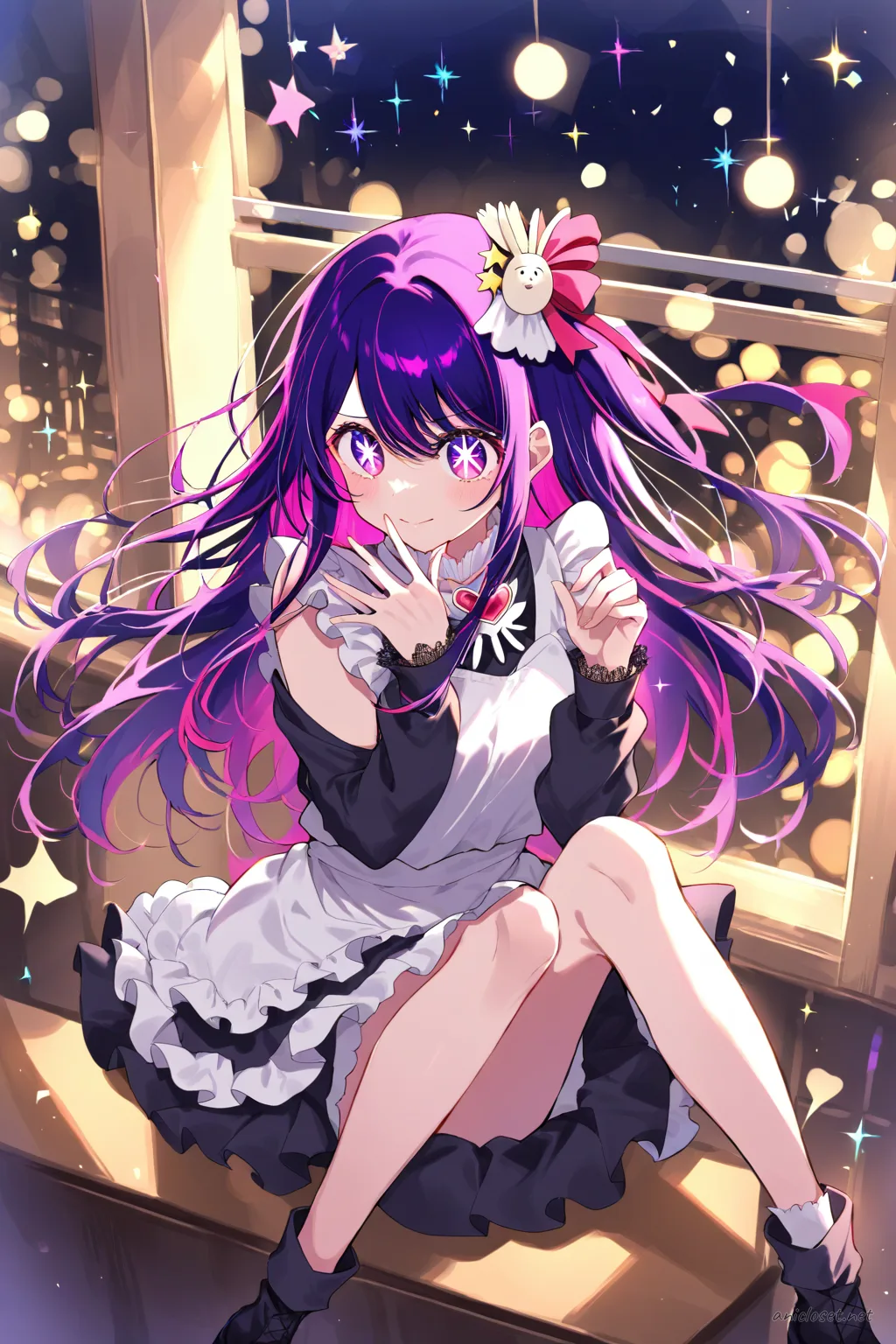 Illustration of Ai Hoshino wearing a black maid dress with short puff sleeves, white apron, frilled headdress, sheer tights, and mary janes