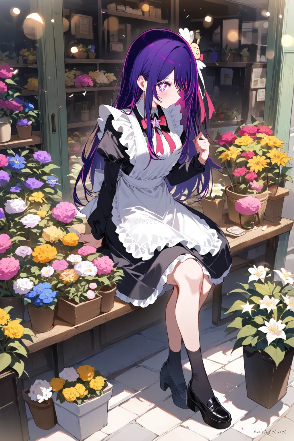 Knee-up half-body illustration of Ai Hoshino wearing a sleek black gothic maid dress with knee-length skirt, single cross ribbon, puff sleeves, white apron, black knee socks, and low platform shoes under soft studio lighting
