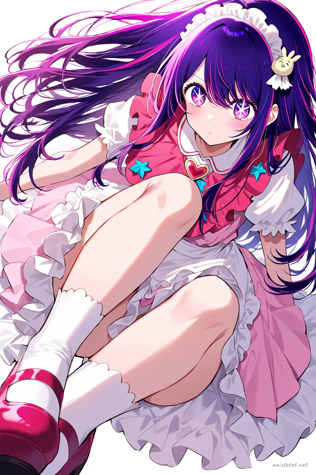 Illustration of Ai Hoshino wearing a pastel pink maid dress with scalloped white apron and heart-shaped buttons