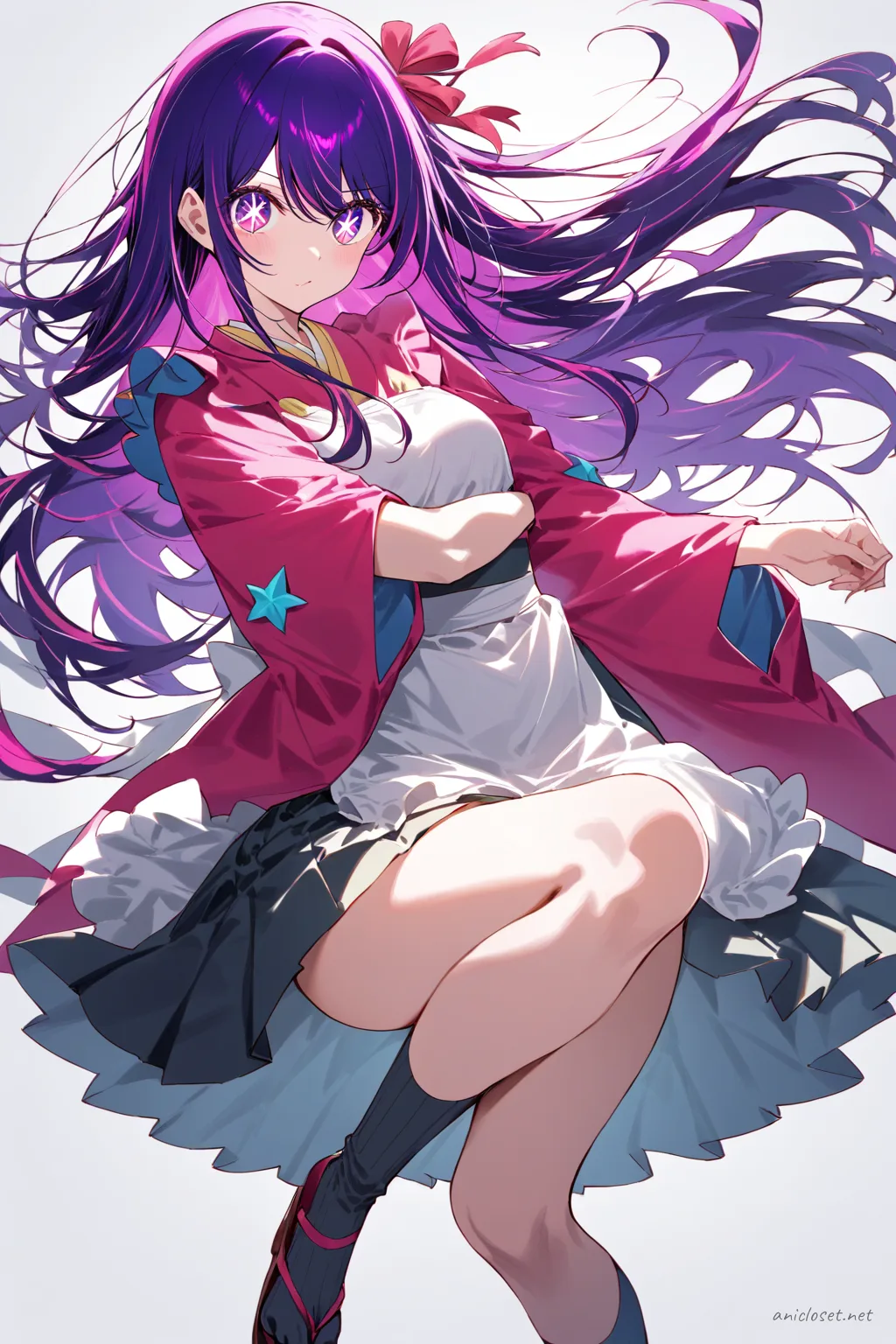 Full-body illustration of Ai Hoshino in simplified wa-maid outfit with straight kimono sleeves, plain hakama skirt, white apron, and single ribbon obi