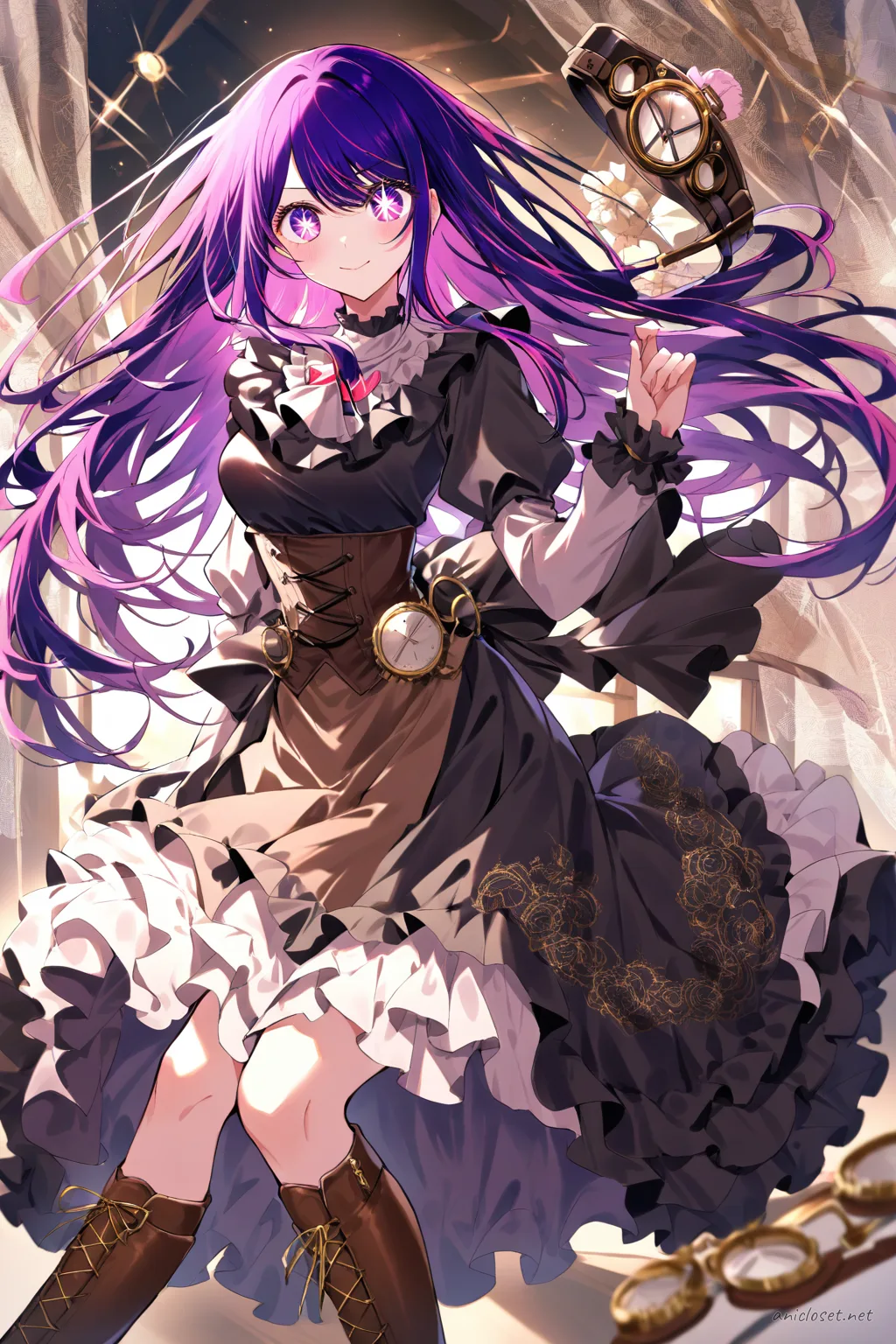 Full-body illustration of Ai Hoshino in simplified steampunk maid outfit with brown corset, knee-length skirt, black apron, puffed sleeves, lace-up boots, and steampunk goggles