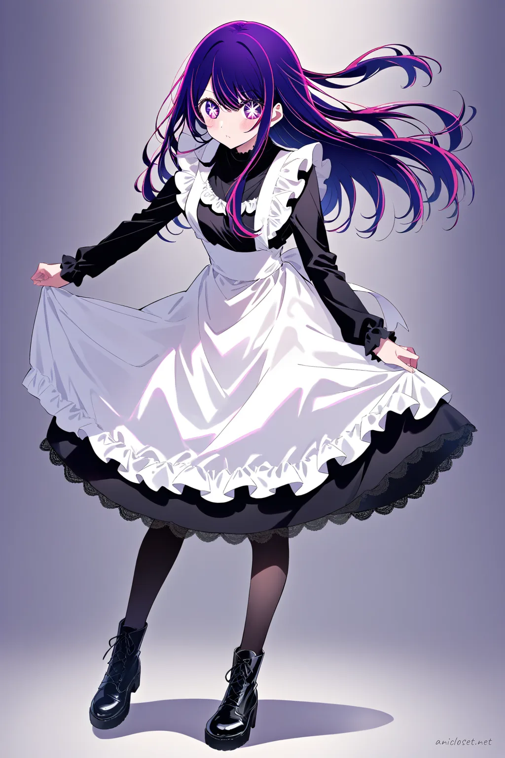 Ai Hoshino wearing a winter maid dress with velvet long sleeves, plain apron, opaque tights, and ankle boots