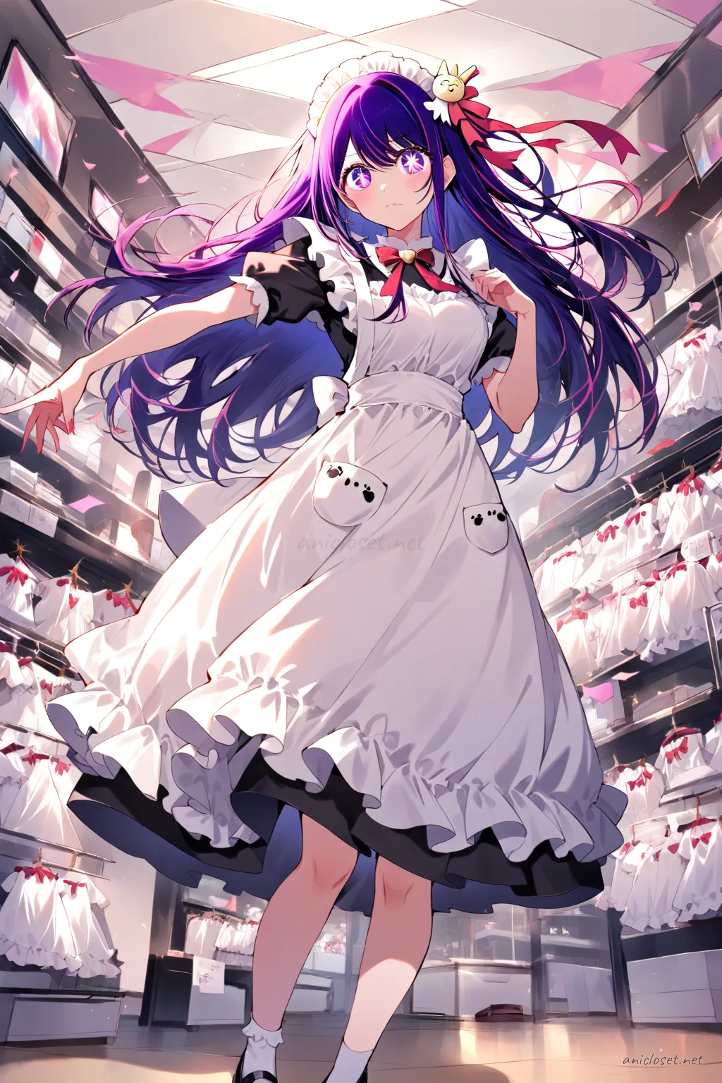 Full body front view of Ai Hoshino wearing a black and white cat-motif maid dress with paw-print apron pockets, bell ribbon, white frilled headband, black mary jane shoes, and white ankle socks