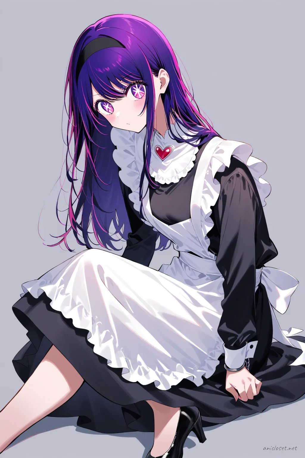 Illustration of Ai Hoshino wearing a sleek monochrome maid dress with short sleeves, simple apron panel, and low heels