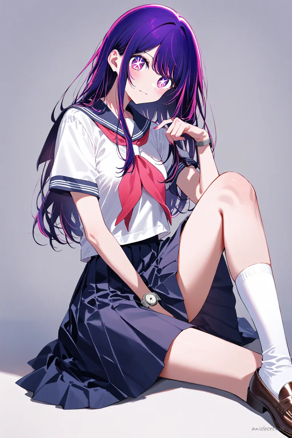 Illustration of Ai Hoshino in navy sailor uniform with red neckerchief and pleated skirt, knee-up half-body view under soft lighting