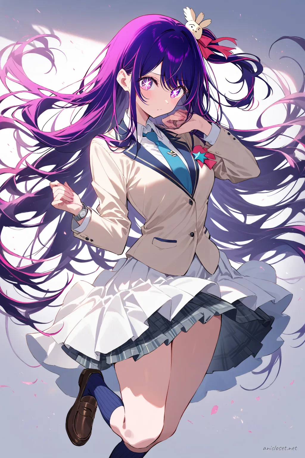 Illustration of Ai Hoshino in a beige blazer, white blouse, pleated skirt, and black thighhigh socks, front cowboy shot