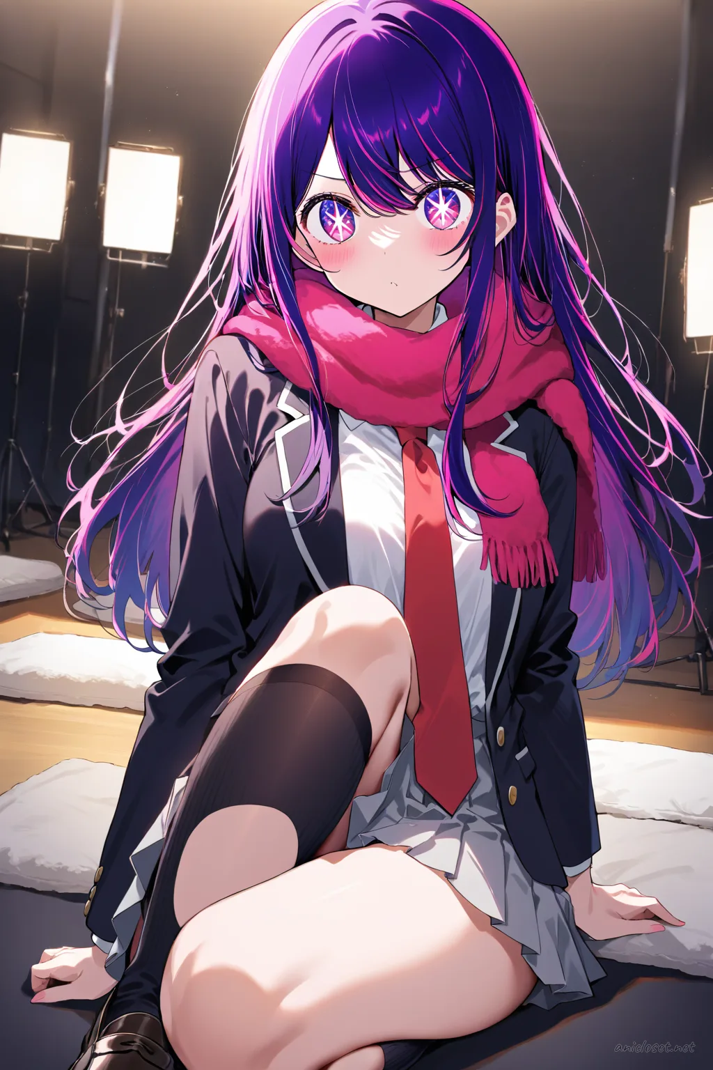 Illustration of Ai Hoshino in school uniform with black blazer, white shirt, red scarf, pleated skirt, and knee socks