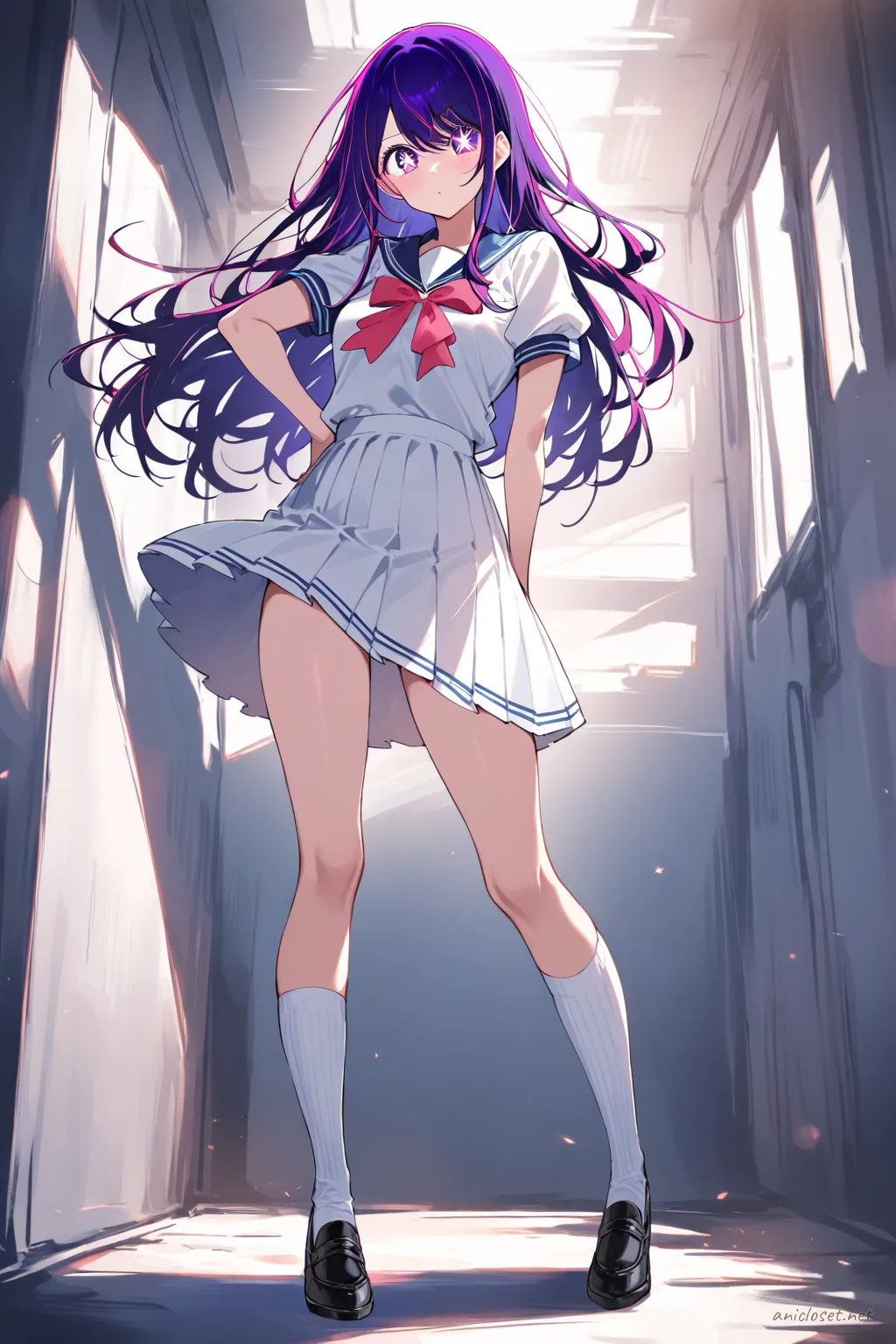 Full body illustration of Ai Hoshino wearing a short-sleeved summer sailor uniform with a plain ribbon, knee-length pleated skirt, knee socks, and loafers, standing