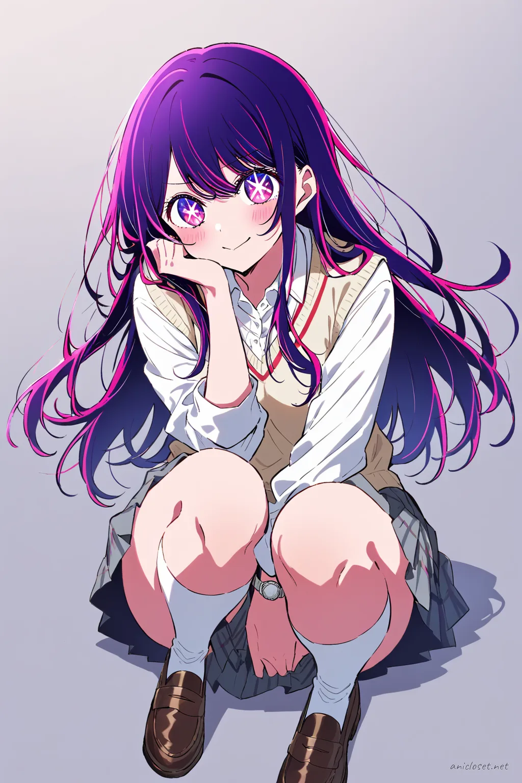 Illustration of Ai Hoshino wearing a white button-up shirt, navy sweater vest, navy pleated skirt, navy over-the-knee socks, and loafers
