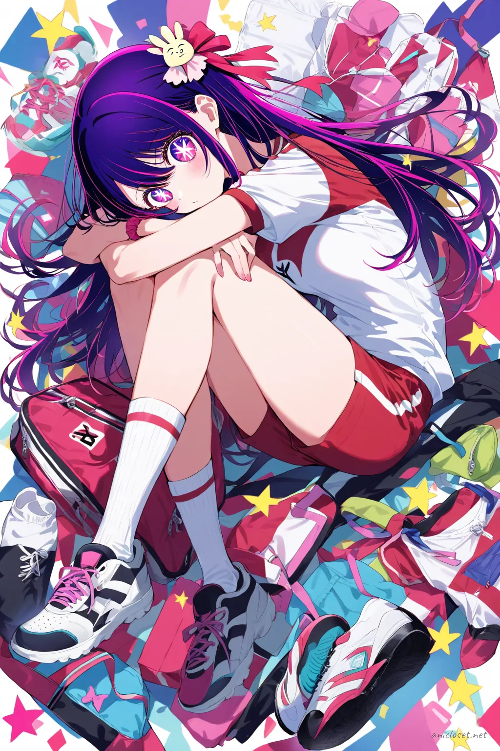 Illustration of Ai Hoshino in a simple gym set with short-sleeve jersey, athletic shorts, knee socks, and sneakers
