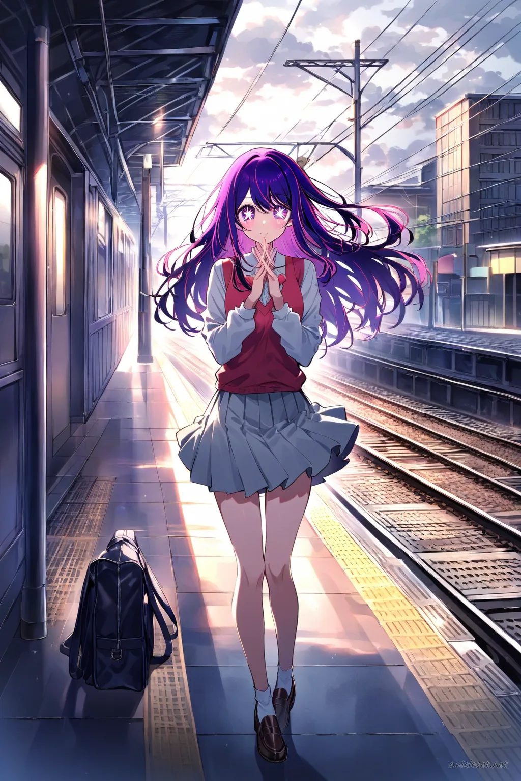 Full body illustration of Ai Hoshino wearing a cream cardigan over a white blouse, navy pleated skirt, brown loafers, and carrying a brown book bag, standing