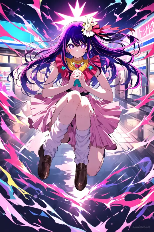 Ai Hoshino in school outfit with checkered sailor collar blouse, pleated skirt, loose socks, and loafers, front view cowboy shot