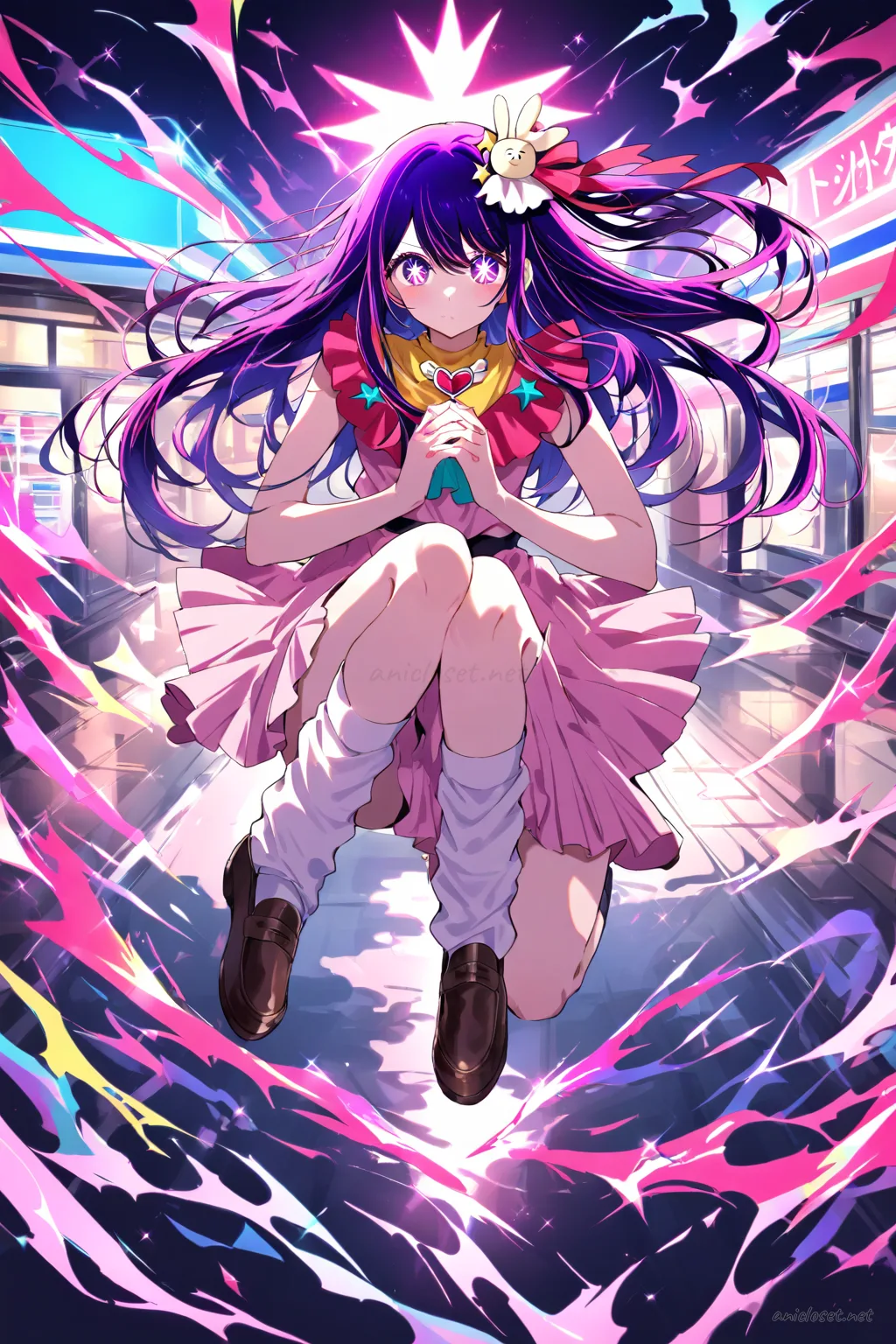 Ai Hoshino in school outfit with checkered sailor collar blouse, pleated skirt, loose socks, and loafers, front view cowboy shot