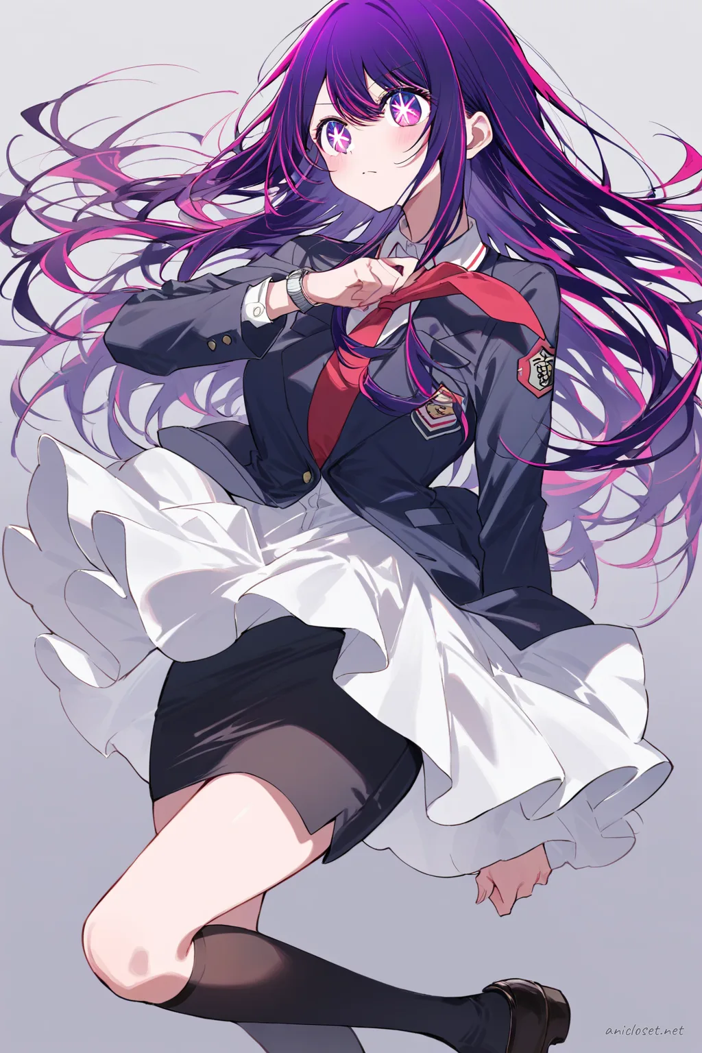 Illustration of Ai Hoshino in a navy blazer, white shirt, and navy pencil skirt, shown from the front in a cowboy shot