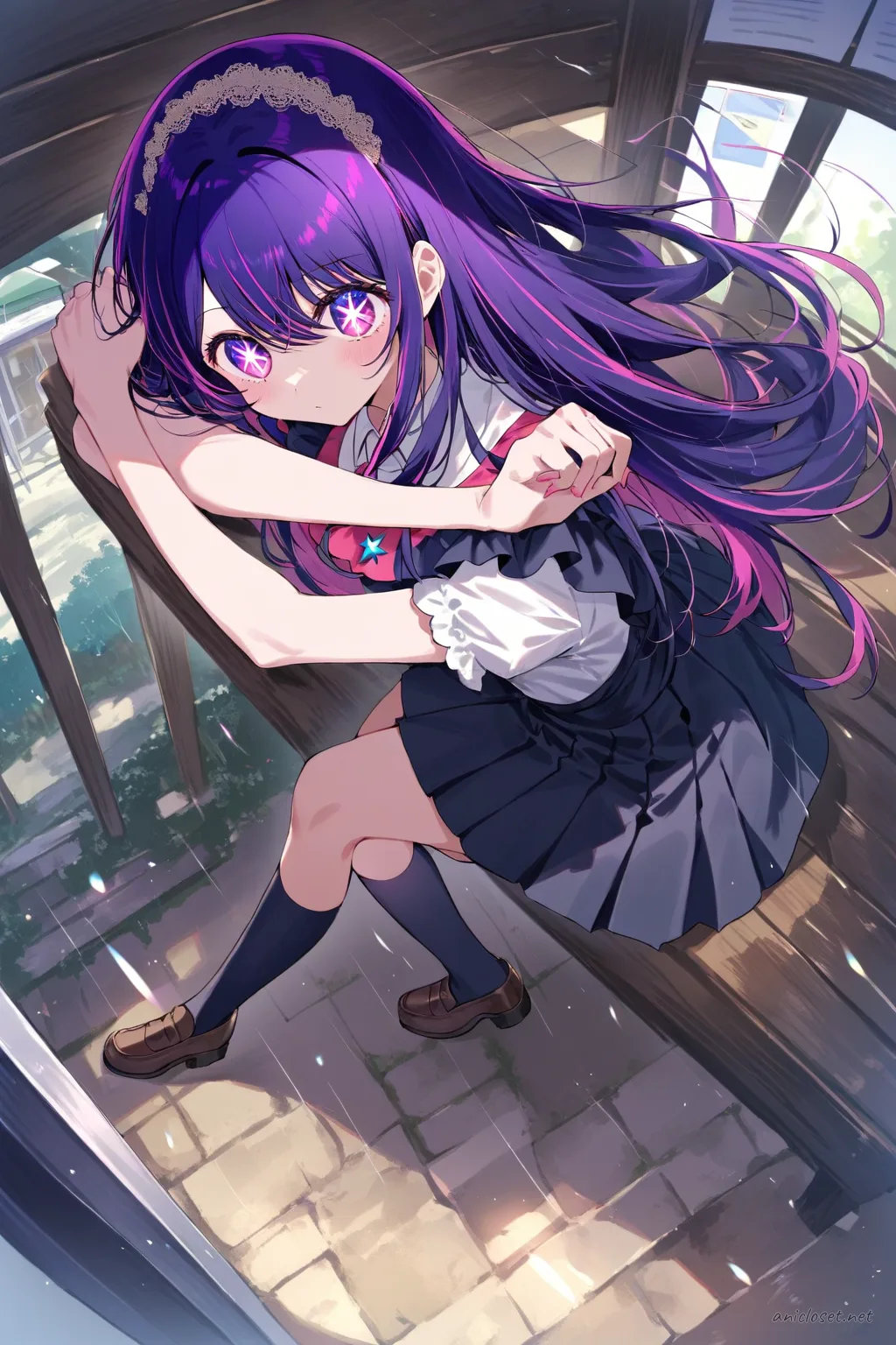Illustration of Ai Hoshino wearing a maid apron over a white blouse and pleated skirt, shown knee-up with soft studio lighting