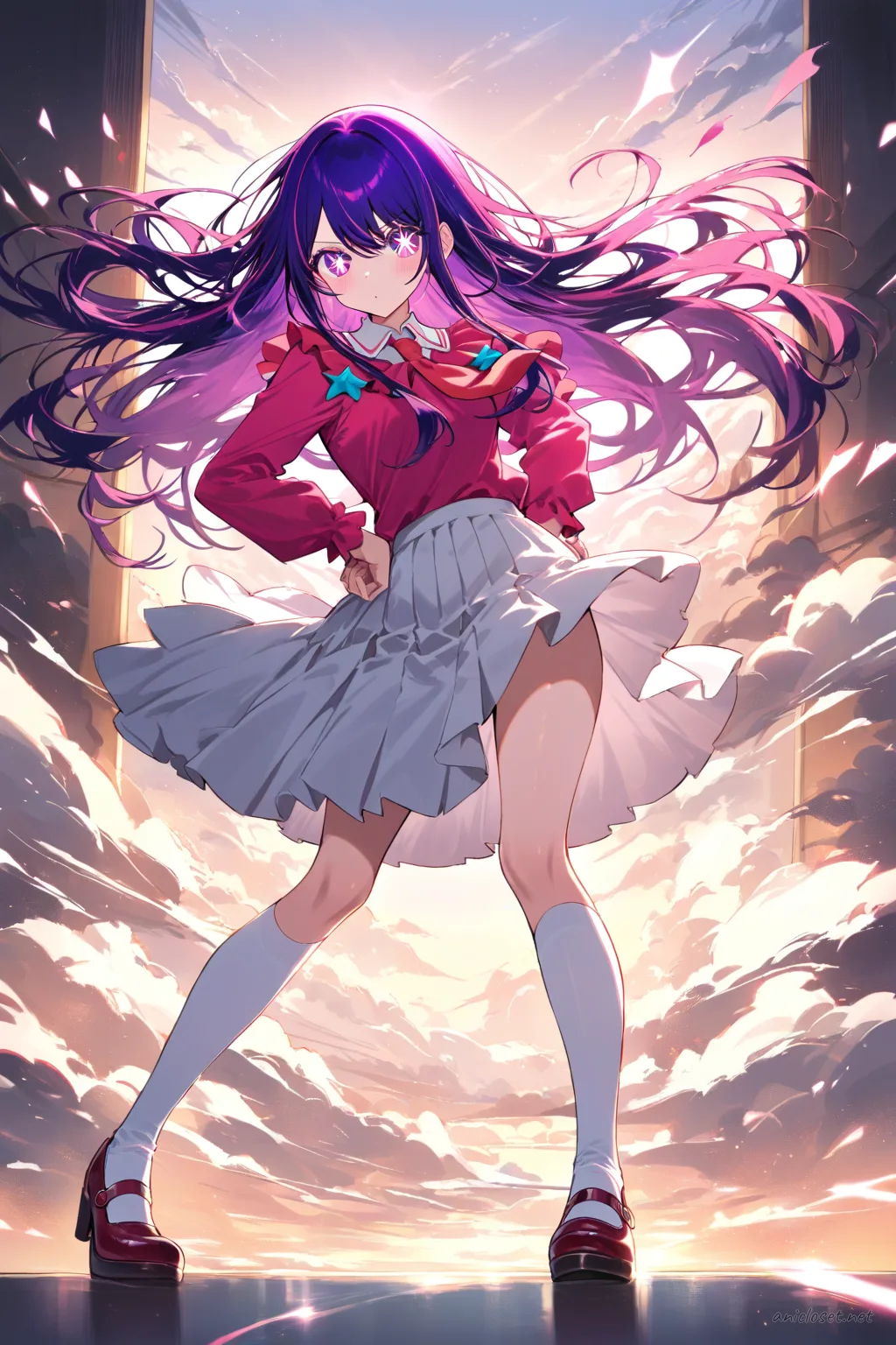 Full body profile of Ai Hoshino in signature sailor collar outfit with pleated skirt, ribbon tie, knee socks, and Mary Jane shoes, backlit by golden-hour light with floating dust motes in an outdoor park