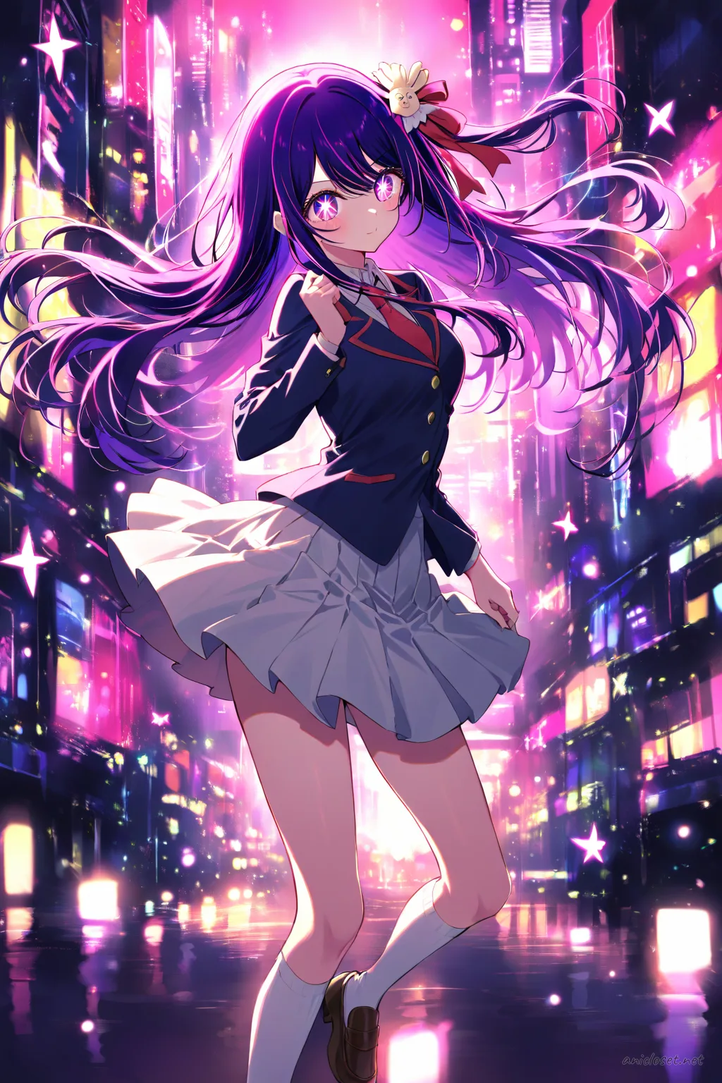 Full body illustration of Ai Hoshino in her signature black blazer, white blouse, red ribbon necktie, pleated skirt, knee-high socks, and black loafers, standing outdoors with neon city night bokeh lights and wet pavement reflection
