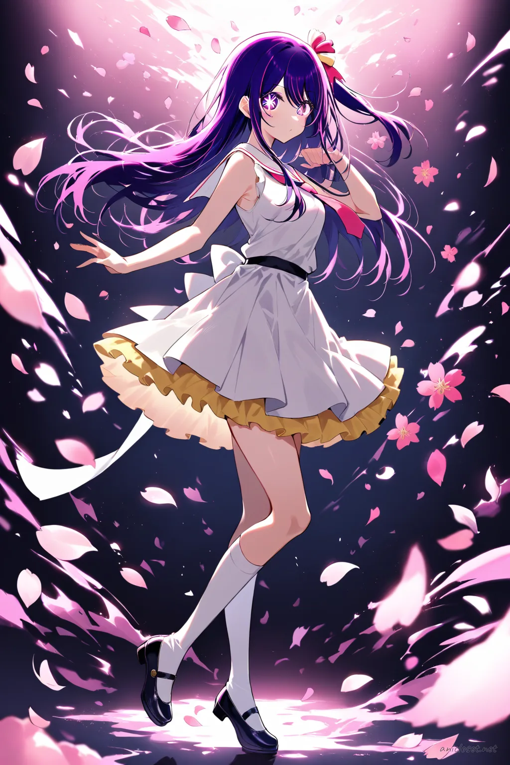 Full body illustration of Ai Hoshino in her signature pleated skirt and sailor collar blouse, standing with knee socks and loafers, cherry blossom petals drifting in soft pink lighting