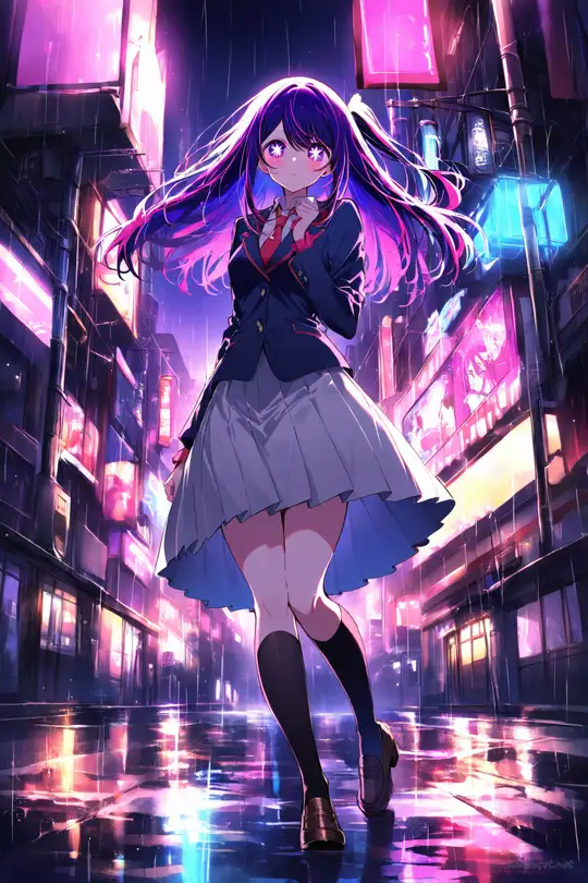Ai Hoshino in iconic official costume walking mid-stride on rain-wet street with cool blue rim light