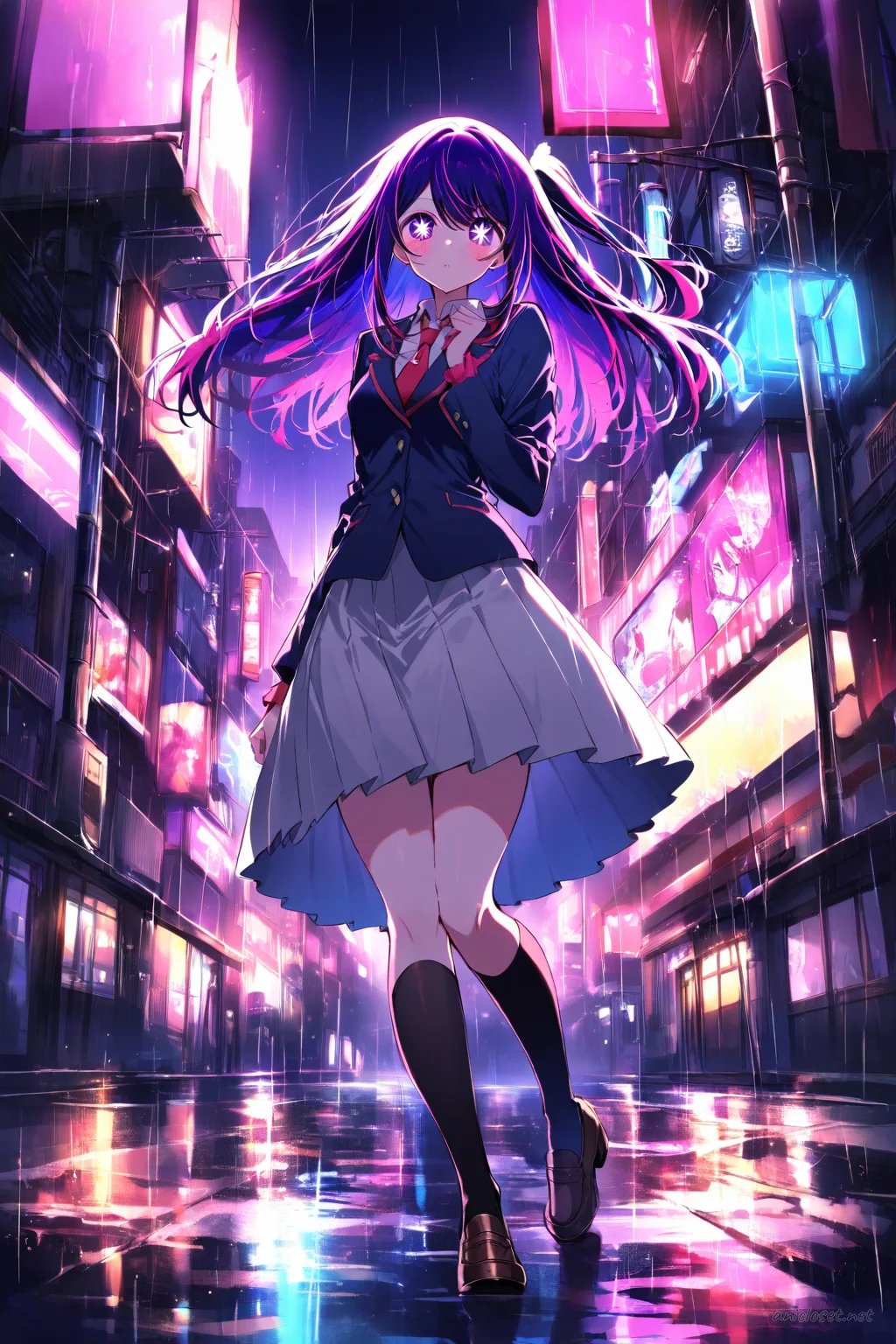 Ai Hoshino in iconic official costume walking mid-stride on rain-wet street with cool blue rim light