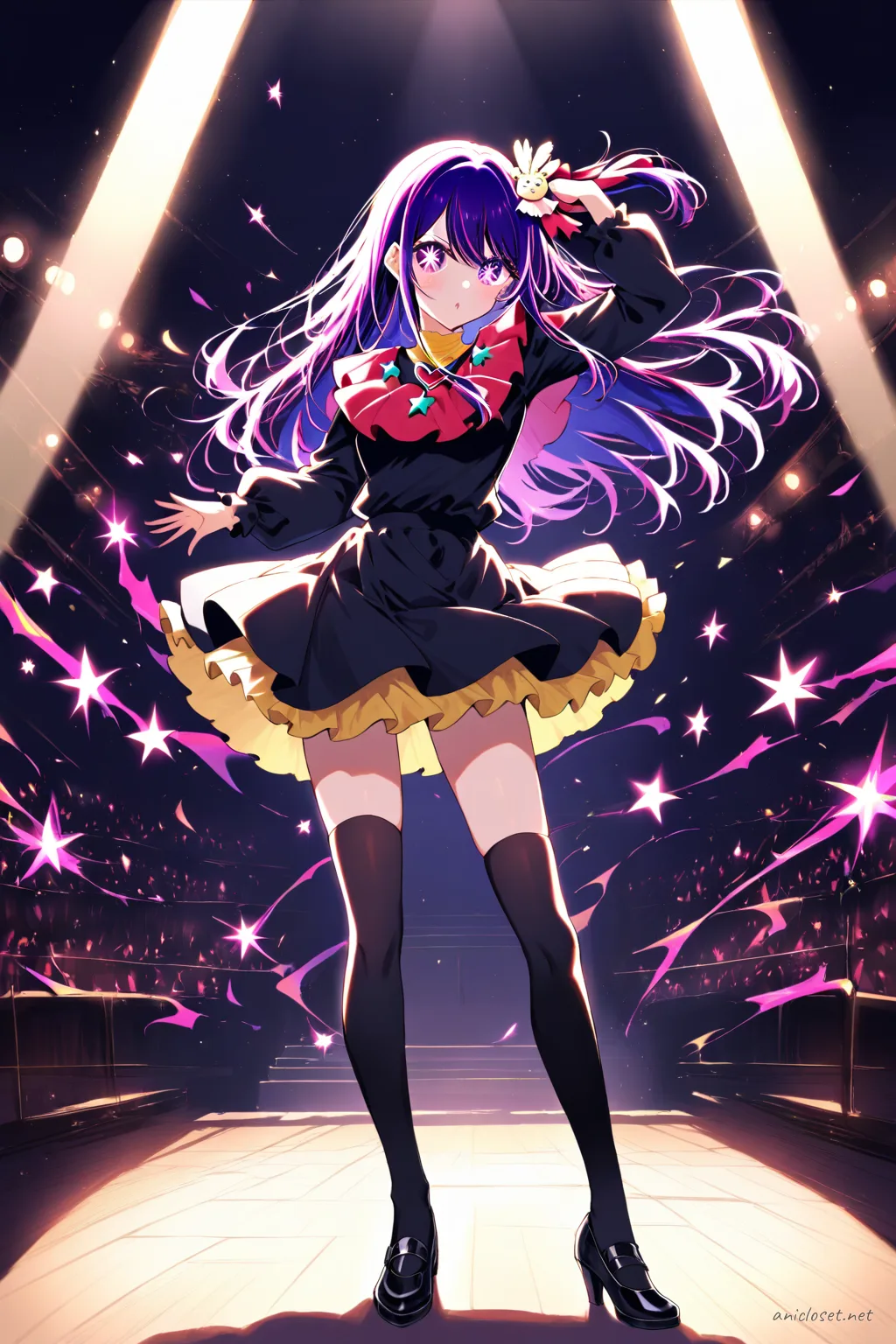 Full body profile of Ai Hoshino in her iconic signature costume, standing in weight-shift contrapposto under a spotlight on a dark stage with microphone stand and platform shoes