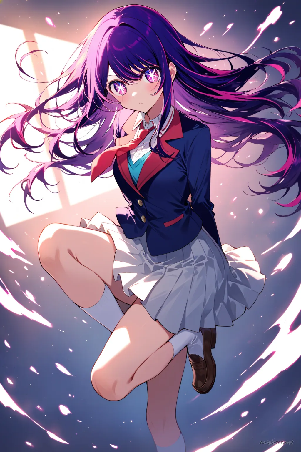 Full-body illustration of Ai Hoshino in her signature long-sleeve pink blazer, white ruffled blouse, red ribbon necktie, pleated red skirt, white knee-high socks, and brown loafers, posed with arms behind back, sunbeam shining through window, dust particles floating indoors