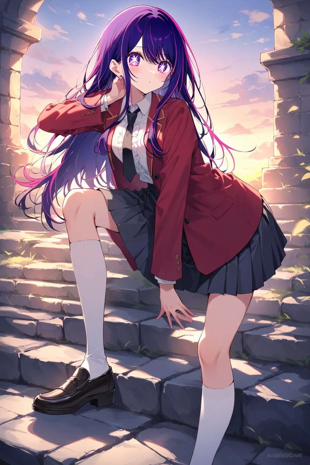 Ai Hoshino seated on stone steps wearing a long-sleeve white blouse with puffed shoulders, red necktie, navy blue pleated skirt, white knee-high socks, and brown loafers under a warm evening sky