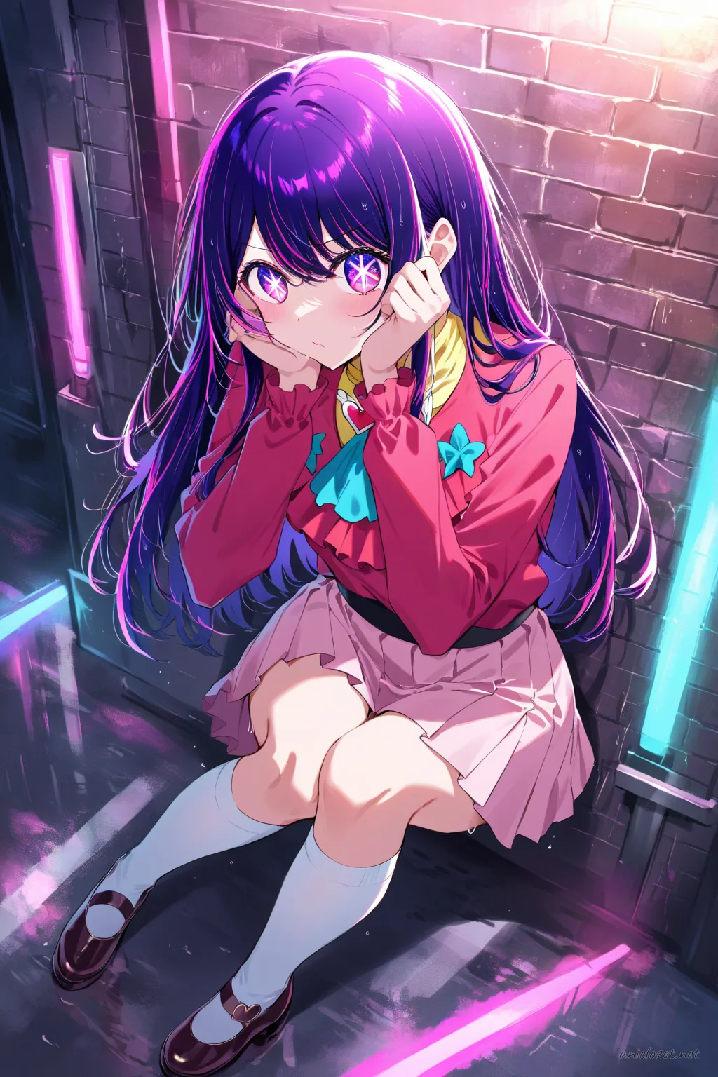 Ai Hoshino in white sailor collar blouse, red neckerchief, navy blue pleated skirt, white knee-high socks, brown loafers, leaning against wall with hip-hand pose under neon rim light in moody alley