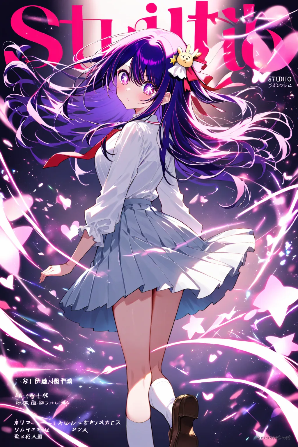 Full-body front view of Ai Hoshino in sailor-collar blouse, pleated skirt, knee-high socks, mary janes, star-shaped hair clips, with magical sparkles and nighttime cityscape background