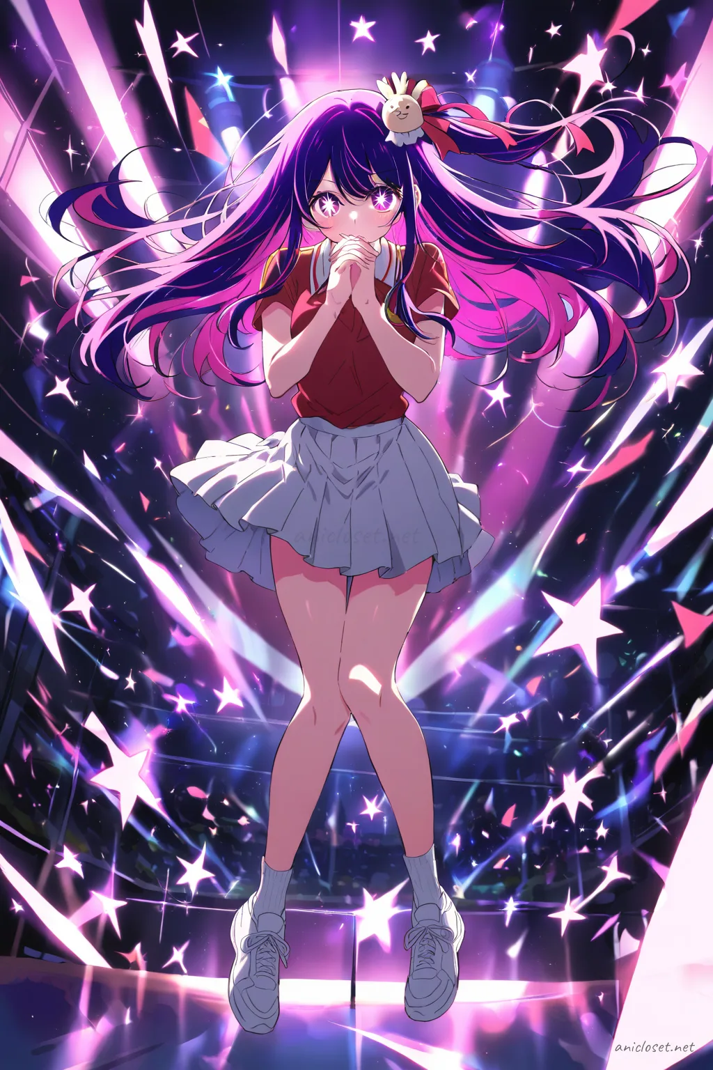 Ai Hoshino standing calmly on an outdoor tennis court wearing a tennis polo, knee-length pleated skirt, white sneakers, and ankle socks