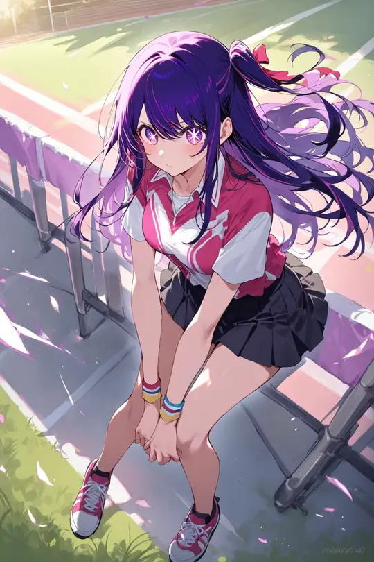 Ai Hoshino in lightweight badminton shirt and mid-thigh sport skirt with wristband and sneakers