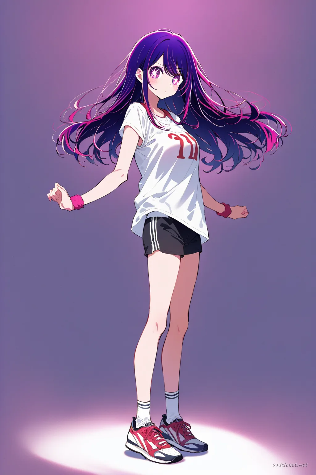 Full-body illustration of Ai Hoshino in track club running kit with singlet, short shorts, number bib, sneakers, and wristband on clean studio background