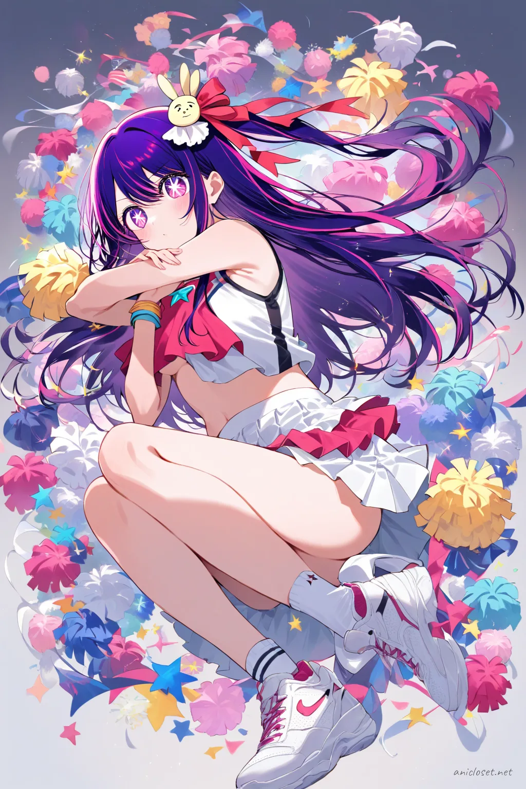 Full-body illustration of Ai Hoshino in cheerleading practice set with short pleated skirt, crop top, white sneakers, and wristbands on clean studio background