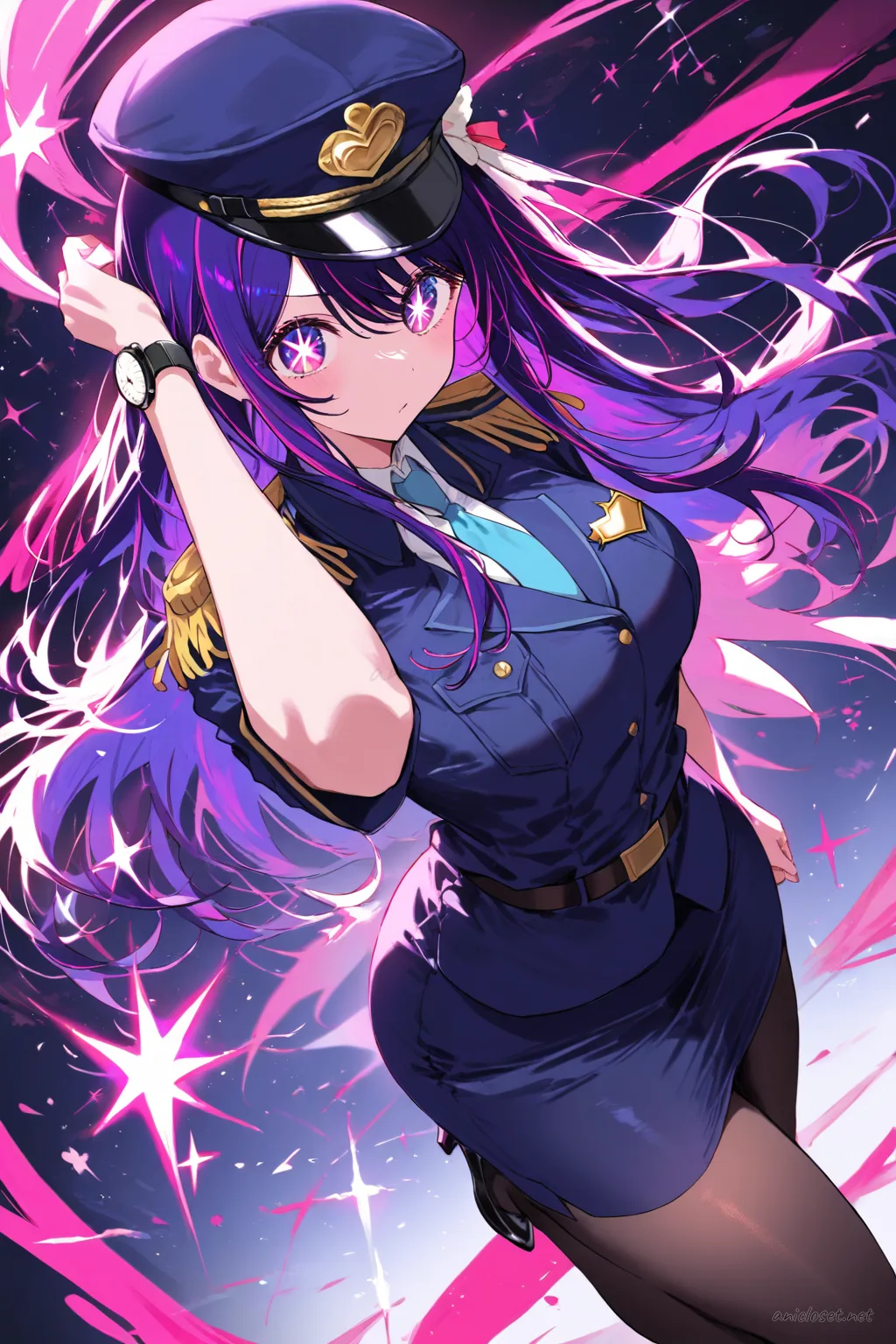Illustration of Ai Hoshino wearing a navy police jacket, slim pencil skirt, black tights, peaked cap, necktie, police badge, radio mic, and utility belt
