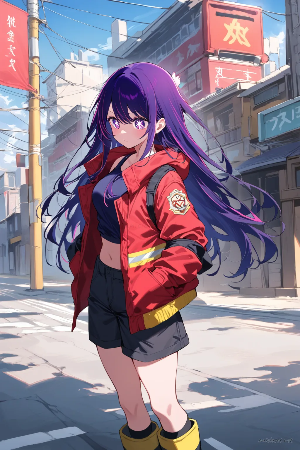 Illustration of Ai Hoshino wearing an open firefighter turnout jacket over a fitted red tank top, black cargo shorts, firefighter boots, and holding a yellow helmet under her arm