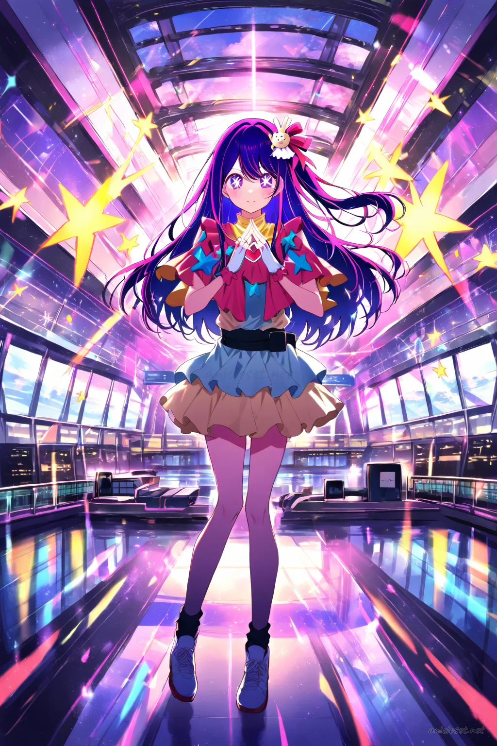Illustration of Ai Hoshino wearing a fitted paramedic jacket with reflective stripes, short cargo skirt, utility belt, and white sneakers