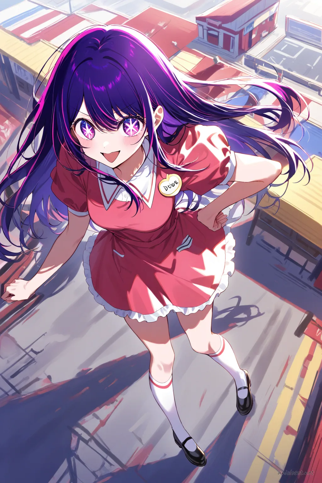 Ai Hoshino in navy short-sleeve traffic officer uniform with pencil skirt and reflective armband, knee-up half-body view